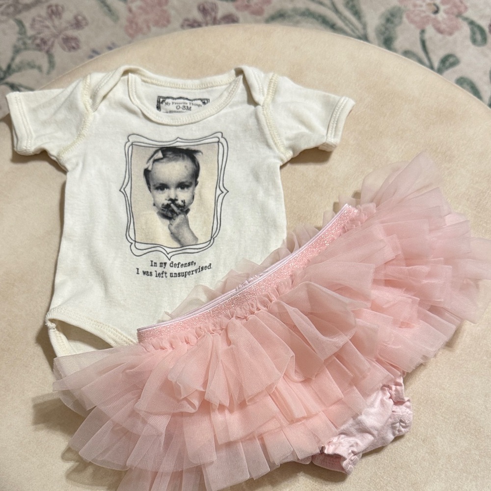 Pink Tulle Skirt and Cream Bodysuit Set